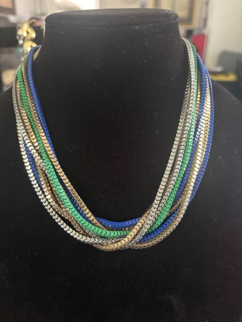 ALI KHAN New York Green Blue Gold & Silver Tone 8 Strand Chain Necklace